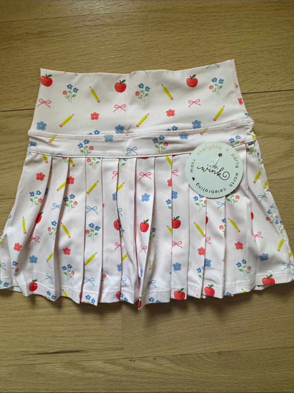 Sweet Wink Pink Pleated Skort with Apple & Pencil Back to School Print